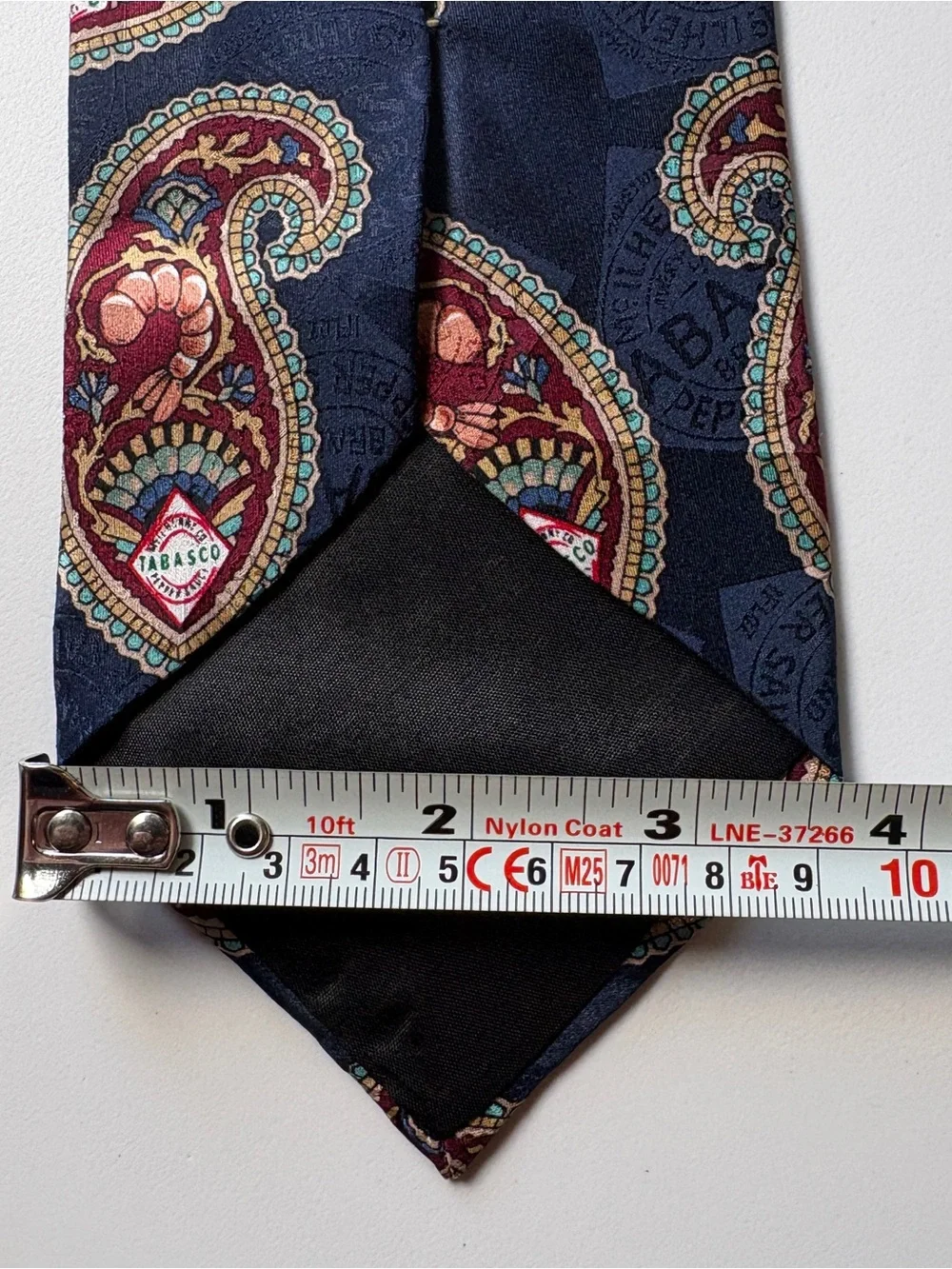 Vintage Tabasco Silk Tie Blue Paisley Shrimp Novelty Necktie Made in USA 3.75